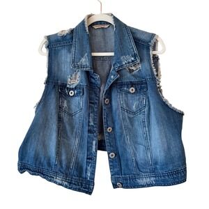 Highway Jeans Distressed Denim Vest Womens 2X Medium Wash Frayed Trucker Y2K